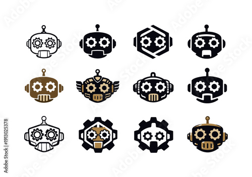    steampunk robots. Icon set. Set Logo of steampunk robots: gear-eyed robot head. harmonious logo variations of the same emblematic concept,