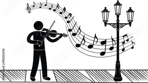 Street musician silhouette playing violin with flowing musical notes around decorative lamp, symbolizing creativity, urban art, and public performance