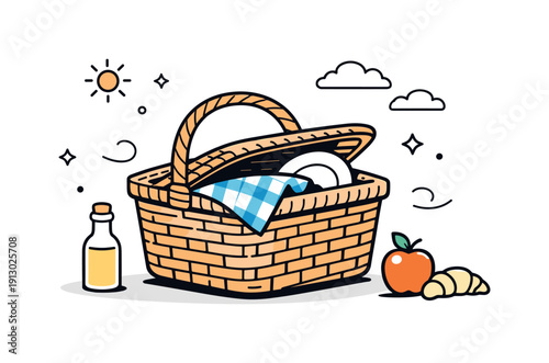    Wicker picnic basket. A picnic basket slightly open, hinting at fabric or tableware inside, with a calm and airy composition. The scene