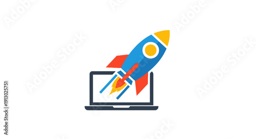 Rocket launching from laptop computer screen.