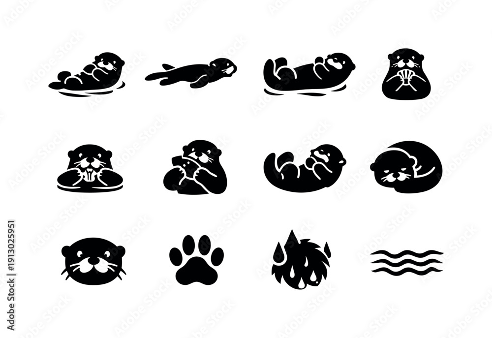 Obraz premium Sea Otter. Solid icon set of Sea Otter: floating otter, swimming otter, otter on back, holding shell, cracking clam, eating fish, playful