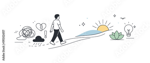 Personal growth journey. A person walking forward along a simple path, leaving abstract shapes behind and approaching calm symbols of
