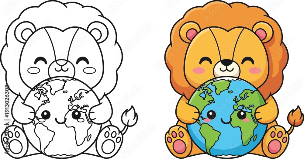 Fototapeta premium Cute Baby Lion Hugging Earth Cartoon Vector Illustration, Happy World Environment Concept