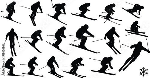 Alpine Skiing Silhouettes Collection in Dynamic Winter Sport Action Poses Isolated on White Background for Design and Illustration