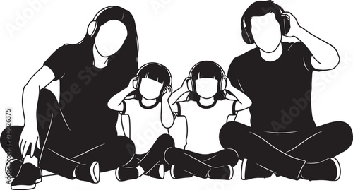 Family Listening to Music Together with Headphones on White Background