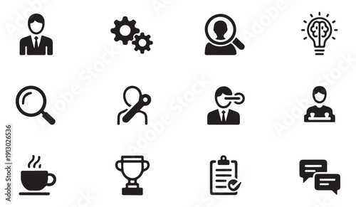 Professional business icons set featuring office management elements and corporate symbols on white