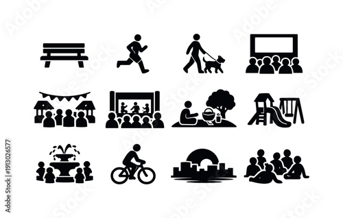 Urban Leisure Icons. City Leisure. Solid icon set of City Leisure: city park bench, jogger, dog walking, outdoor cinema, street festival, open air concert,