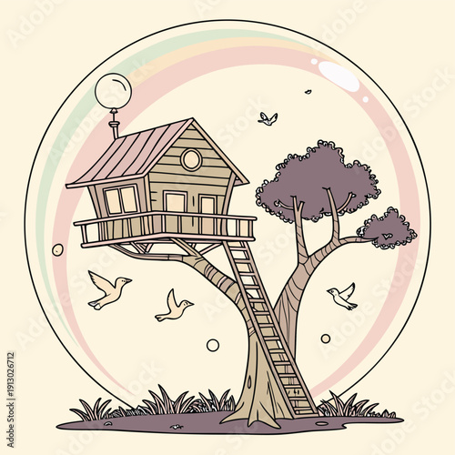 Surreal Floating Bubble Glass Tree House Illustration