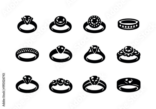 Ring settings. Solid icon set of ring settings: prong setting, bezel setting, halo setting, channel setting, pave setting, tension setting,