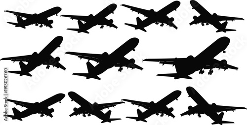Commercial Airplane Silhouettes Set in Various Angles Isolated on White Background, Passenger Jet Aircraft Landing and Takeoff Collection