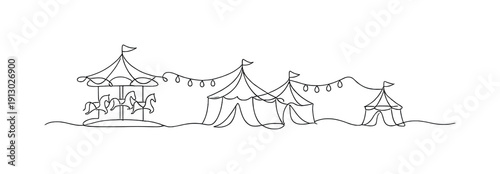   "Whimsical summer carnival". Minimalistic one-line drawing carousel, tents and string lights