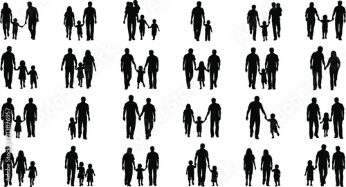 Family Silhouettes Collection with Parents and Children Holding Hands Isolated on White Background, Happy Parenthood and Togetherness Concept