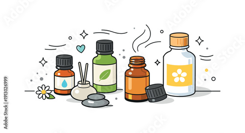 Tranquil Aromatherapy Display. Home aromatherapy routine. Essential oil bottles arranged on a surface, one bottle slightly open, suggesting use and everyday
