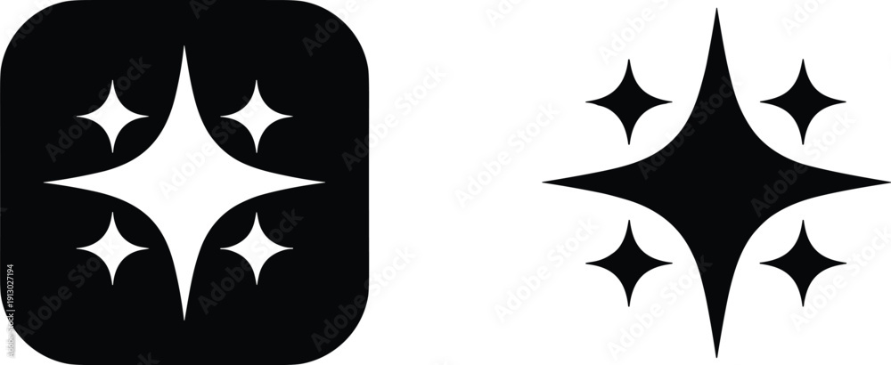 Fototapeta premium Black and white geometric sparkle star icons representing premium quality magic shine and artificial intelligence interface elements in minimalist style
