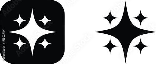 Black and white geometric sparkle star icons representing premium quality magic shine and artificial intelligence interface elements in minimalist style