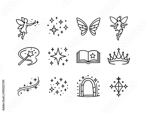 Magical Fairy Icons. Magical Fairies. Line icon set of Magical Fairies: fairy casting spell, magic sparkles, enchanted wings, floating fairy, wand swirl,