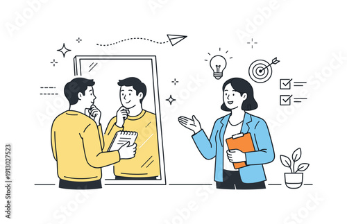 Reflective Consultation Scene. Mirror-based consultation. A client looking at their reflection while holding notes, a professional standing nearby offering