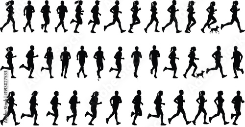 Running People Silhouettes Collection in Various Jogging Poses Isolated on White Background, Fitness and Marathon Training Set
