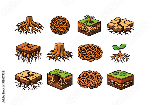 Tangled roots. Colorful isometric vector icons set of Tangled roots: twisted tree roots, knotted roots ball, underground root system, soil