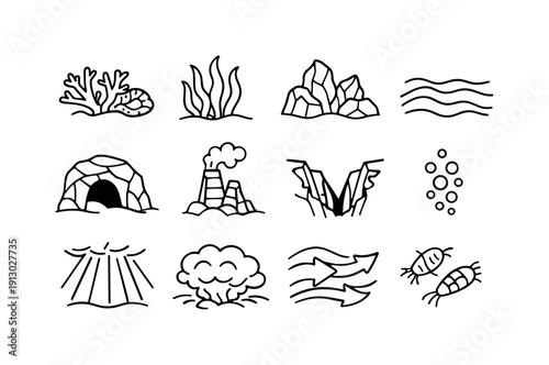 Deep Sea Environment. Line icon set of Deep Sea Environment: coral reef, seaweed, rock formation, sand ripples, underwater cave, thermal