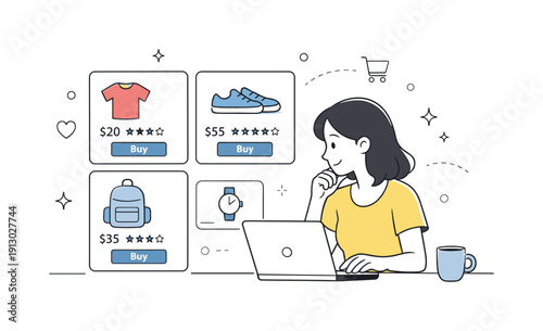   E-commerce browsing. A person calmly exploring product cards on a digital storefront, sense of ease and focus. Clean editorial layout with