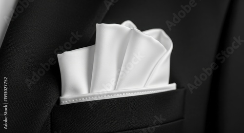 Close-up of white handkerchief in suit pocket.