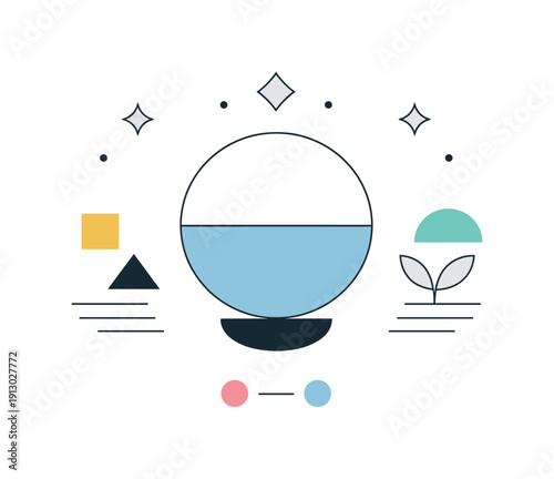    Soft gray backgrounds. Minimal shapes and lines arranged symmetrically on a soft gray backdrop. The illustration communicates