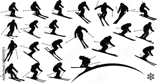 Skier Silhouettes Collection in Dynamic Poses Isolated on White Background, Winter Sports Alpine Skiing Action Set for Design and Illustration