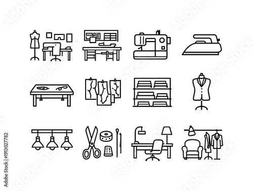 Tailor Atelier. Line icon set of Tailor Atelier: tailor studio, atelier interior, sewing machine, pressing iron, tailoring table, wall
