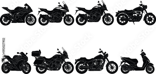 Motorcycle and scooter silhouette collection featuring sport touring cruiser and urban bike styles in black vector illustration isolated background