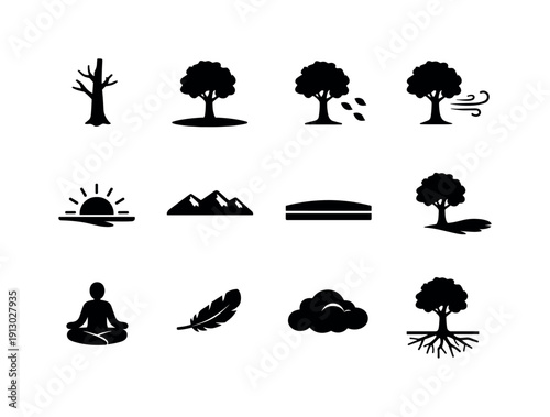 Isolated Tree Icons. Isolated Tree Symbolism. Solid icon set of Isolated Tree Symbolism: lone tree trunk, open space field, falling leaves, blowing wind,
