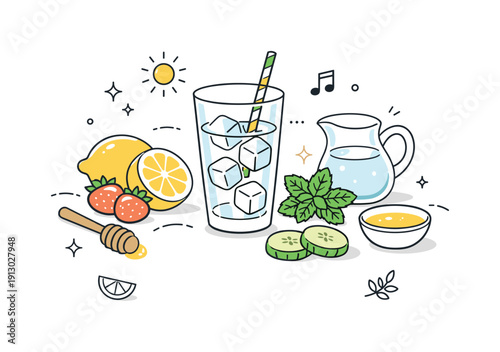    Spring drinks basics. Simple composition with fresh fruits, herbs and a glass, suggesting homemade refreshing beverages. Relaxed and friendly