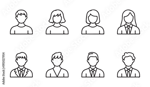 Collection of simple avatar icons representing men and women with different hairstyles and clothing styles