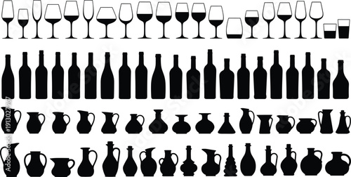 Wine Glasses, Bottles and Vintage Pitcher Silhouettes Collection Isolated on White Background, Beverage Containers Set for Restaurant and Bar Design