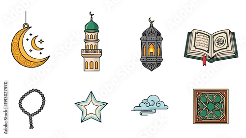 Flat lay of various Islamic Ramadan symbols and icons on a white background.
