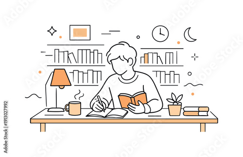 Cozy study atmosphere. Person working or reading quietly in a home library setting. Focus, comfort, personal space, gentle abstract accents