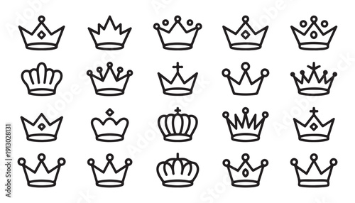 Crown line icons set with royal king and queen headwear symbols for luxury branding or jewelry logo