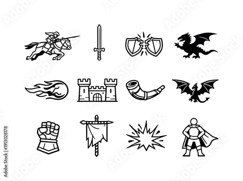 Medieval fantasy battle scene. Line icon set of Medieval fantasy battle scene: charging knight, raised sword, shield clash, dragon