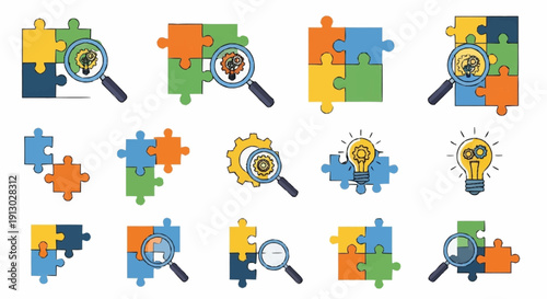 Colorful Jigsaw Puzzles with Magnifying Glasses.