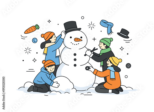 Building snowmen as a team. Group collaborating on a large snowman, calm teamwork and shared fun. Hats, carrots, buttons, and abstract