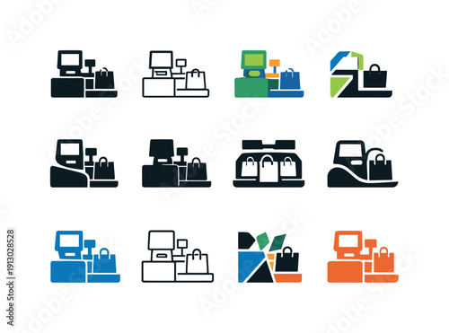 Self-Checkout Icon Variations. Self-checkout. Icon set. Set Logo of self-checkout: automated checkout lane. harmonious logo variations of the same emblematic