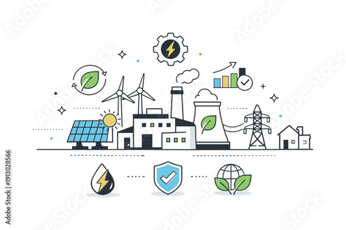 Future energy infrastructure. A simplified low-emission power plant connected to a smart grid, abstract icons showing efficiency