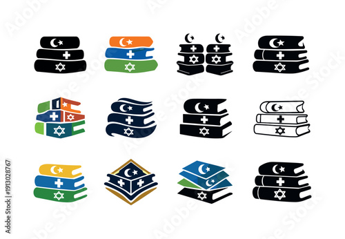 Sacred texts of different religions. Icon set. Set Logo of Sacred texts of different religions: stacked sacred books symbol. harmonious logo
