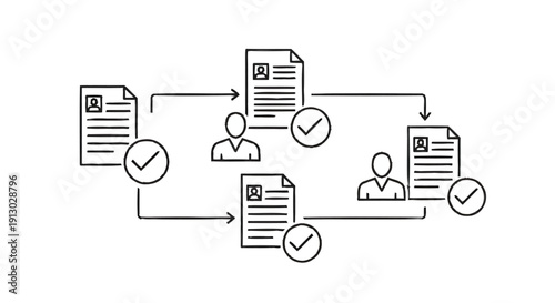 Workflow process with documents and people icons.