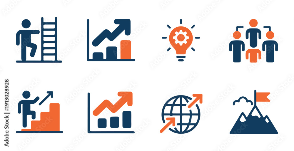 Fototapeta premium Corporate growth and innovation concept icons set with flat blue and orange vector graphic elements