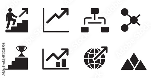 Business growth and career advancement solid icons set featuring success symbols and financial charts