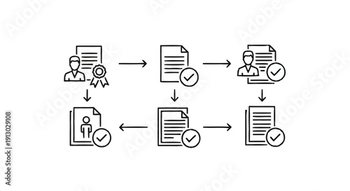Workflow Process Icons Representing Document Approval and Verification.