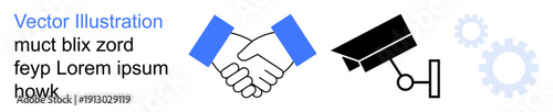 Business ethics, surveillance, technology, teamwork, security systems, industry processes. Handshake with security camera and gear icons. Business ethics and surveillance concept