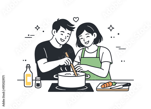 Shared kitchen moment. A couple laughing gently while stirring a pot together, calm and cooperative. The scene captures teamwork and everyday