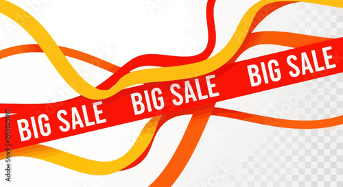 Big sale banner with colorful wavy ribbons on a transparent background
